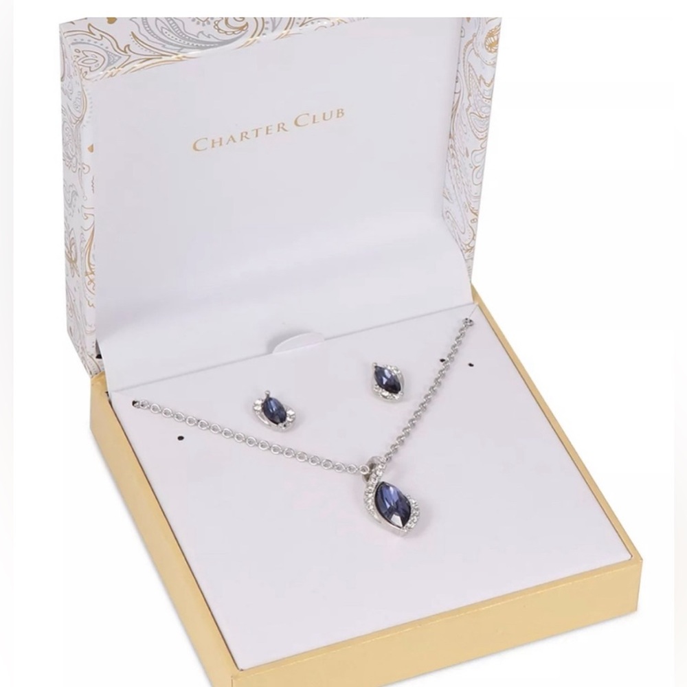 Silver-Tone Pavé & Marquise Stone Pendant Necklace & Stud Earrings Set